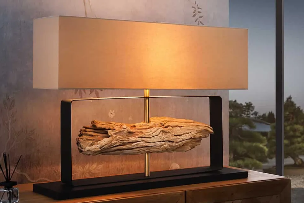 Handgefertigte Tischlampe ROUSILIQUE 80cm natur Eisenholz beige mit Lampenschirm