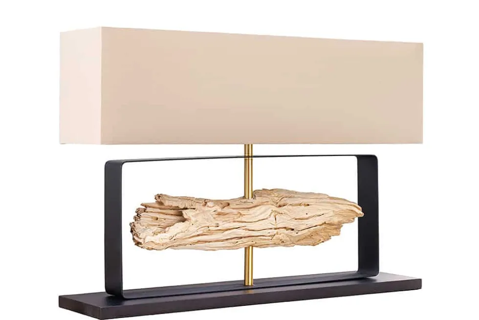 Handgefertigte Tischlampe ROUSILIQUE 80cm natur Eisenholz beige mit Lampenschirm