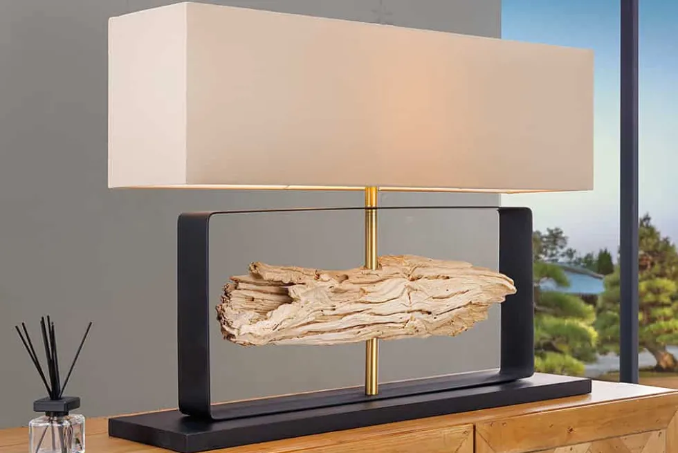 Handgefertigte Tischlampe ROUSILIQUE 80cm natur Eisenholz beige mit Lampenschirm