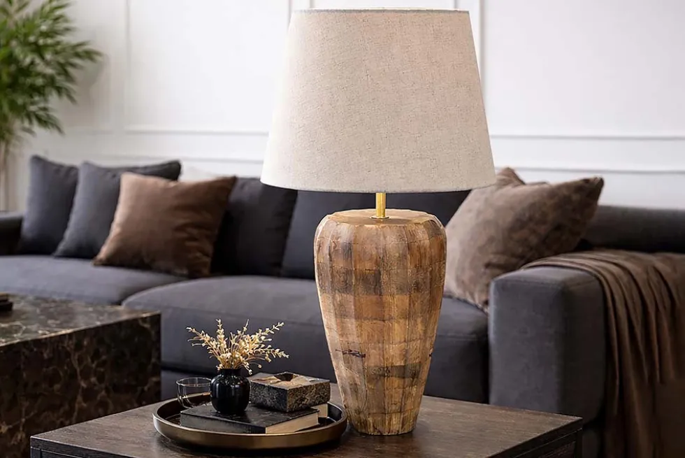 Handgefertigte Tischlampe PURE NATURE 65cm weiß natur Mangoholz mit Stoffschirm