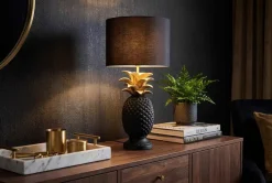 Handgefertigte Tischlampe PINEAPPLE 50cm schwarz Ananas-Design gold mit Stoffschirm