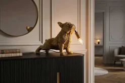 Handgefertigte Tischlampe BULLDOG 35cm gold Hunde-Skulptur