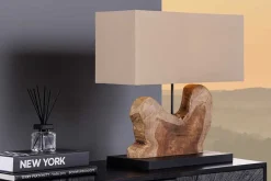 Handgefertigte Tischlampe HYPNOTIC 50cm natur Teakholz beige mit Leinenschirm