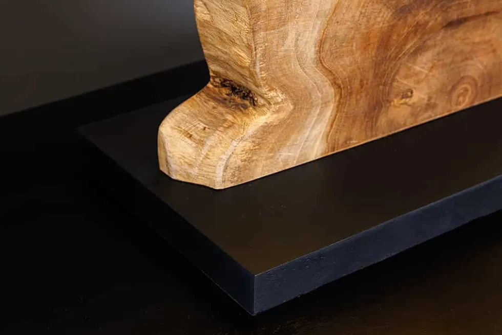 Handgefertigte Tischlampe HYPNOTIC 50cm natur Teakholz beige mit Leinenschirm