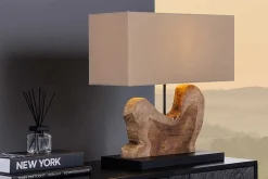 Handgefertigte Tischlampe HYPNOTIC 50cm natur Teakholz beige mit Leinenschirm