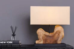 Handgefertigte Tischlampe HYPNOTIC 50cm natur Teakholz beige mit Leinenschirm