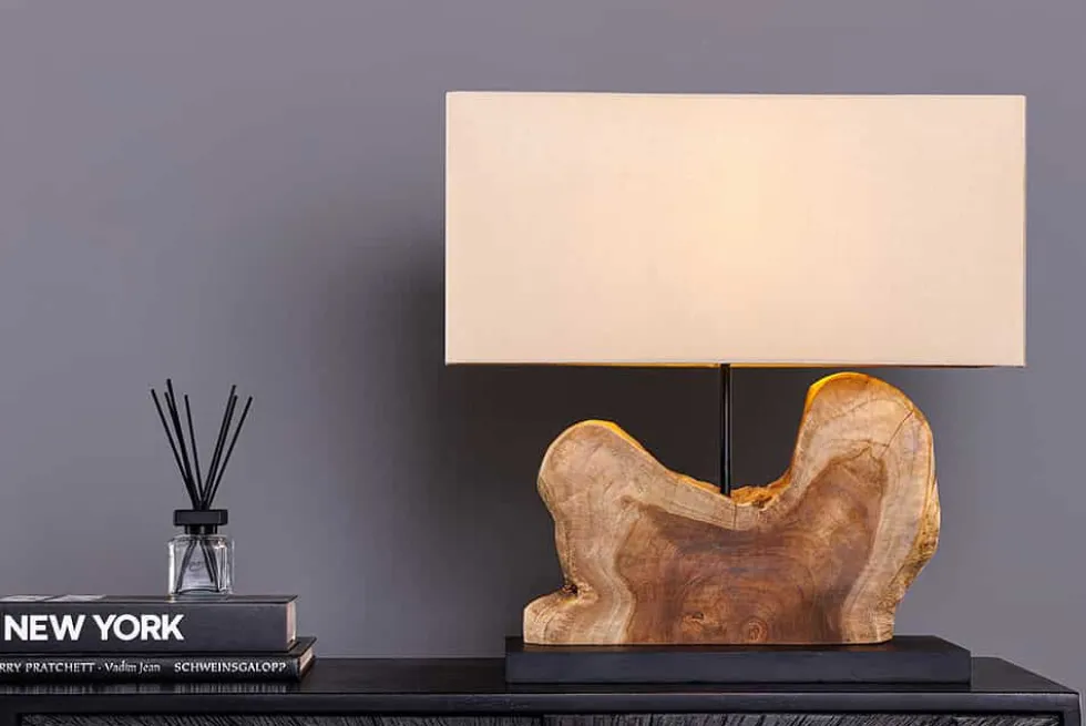 Handgefertigte Tischlampe HYPNOTIC 50cm natur Teakholz beige mit Leinenschirm
