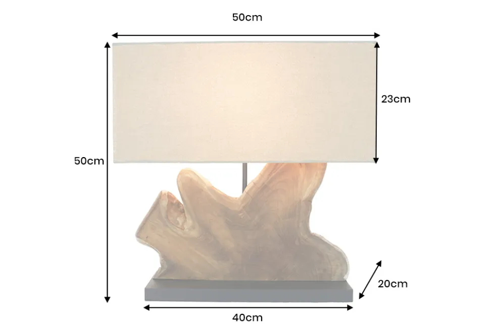 Handgefertigte Tischlampe HYPNOTIC 50cm natur Teakholz beige mit Leinenschirm