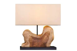 Handgefertigte Tischlampe HYPNOTIC 50cm natur Teakholz beige mit Leinenschirm