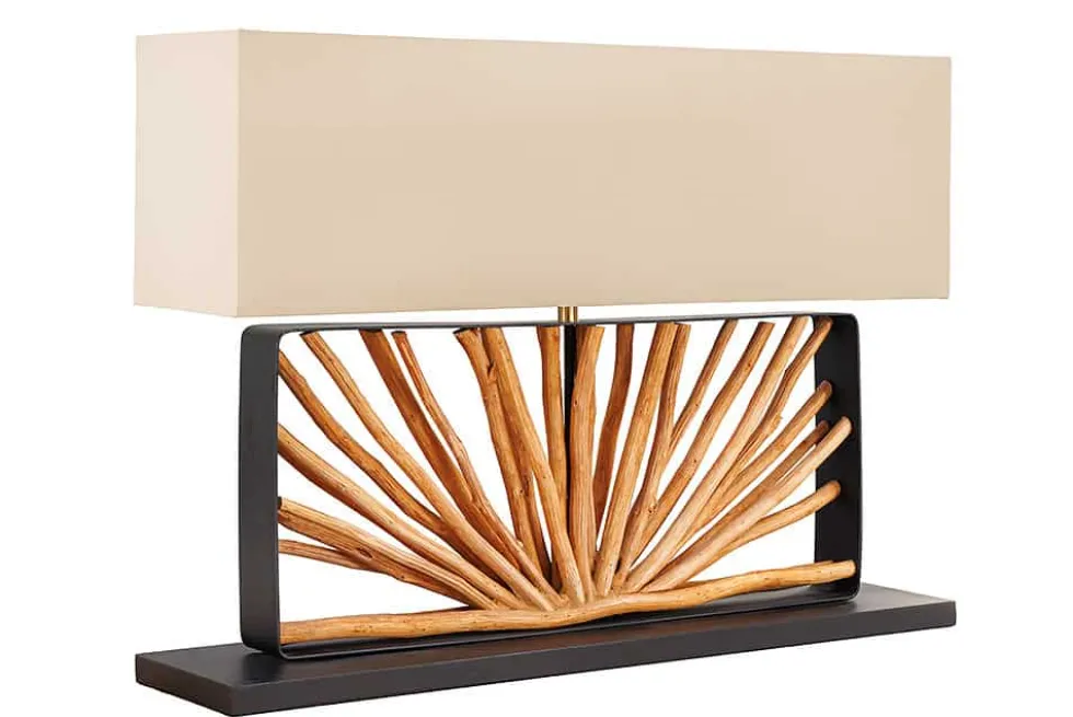 Handgefertigte Tischlampe EUPHORIA 80cm natur Longanholz beige mit Leinenschirm