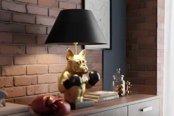Handgefertigte Tischlampe BULLDOG 55cm schwarz gold Stoffschirm Hunde-Skulptur Boxer