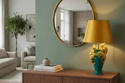 Handgefertigte Tischlampe CHAMELEON 55cm grün gold Skulptur gelber Stoffschirm