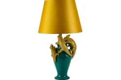 Handgefertigte Tischlampe CHAMELEON 55cm grün gold Skulptur gelber Stoffschirm