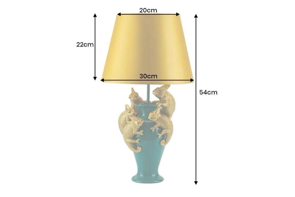Handgefertigte Tischlampe CHAMELEON 55cm grün gold Skulptur gelber Stoffschirm