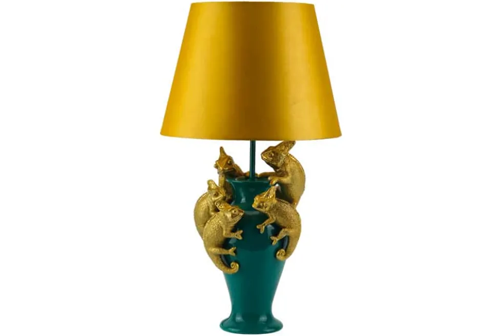 Handgefertigte Tischlampe CHAMELEON 55cm grün gold Skulptur gelber Stoffschirm