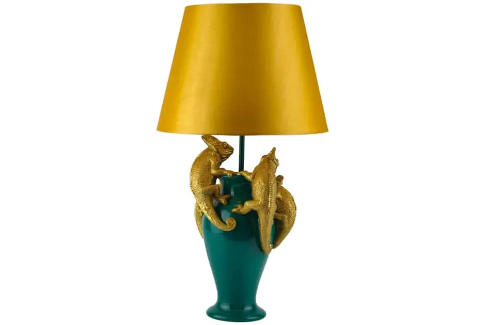 Handgefertigte Tischlampe CHAMELEON 55cm grün gold Skulptur gelber Stoffschirm