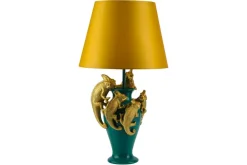 Handgefertigte Tischlampe CHAMELEON 55cm grün gold Skulptur gelber Stoffschirm