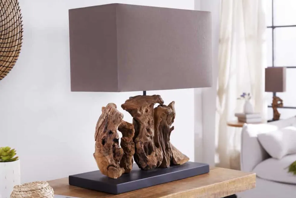 Handgefertigte Tischlampe ARAGON 50cm braun Treibholz-Fuß mit Leinenschirm