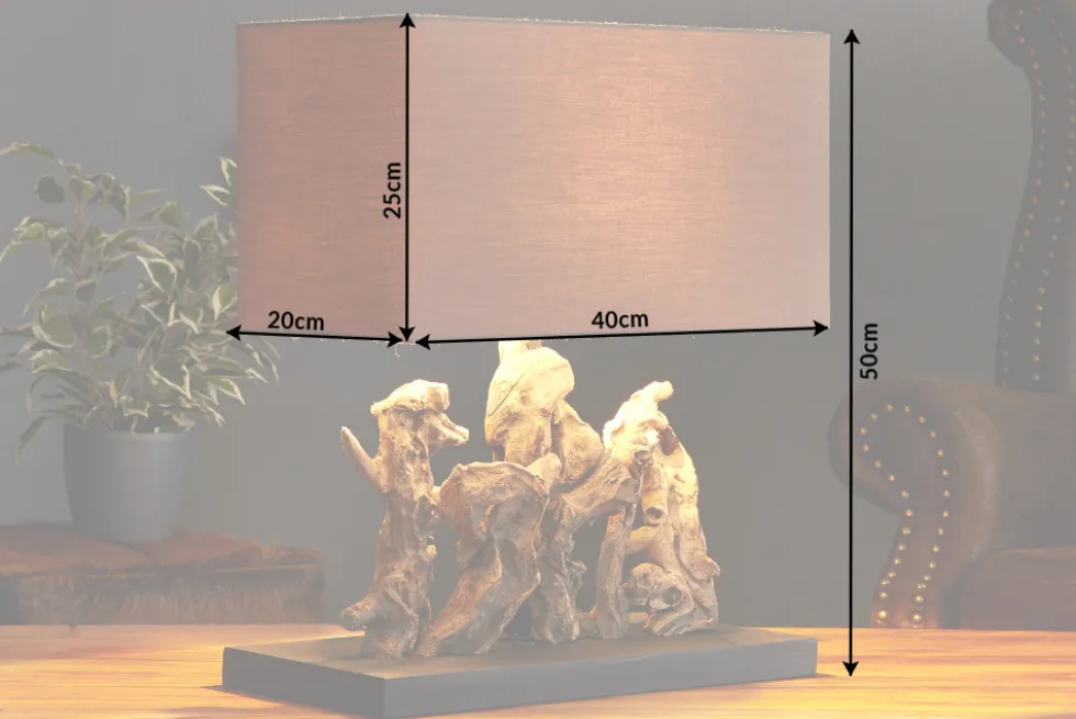 Handgefertigte Tischlampe ARAGON 50cm braun Treibholz-Fuß mit Leinenschirm