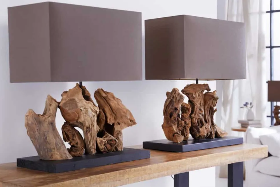 Handgefertigte Tischlampe ARAGON 50cm braun Treibholz-Fuß mit Leinenschirm