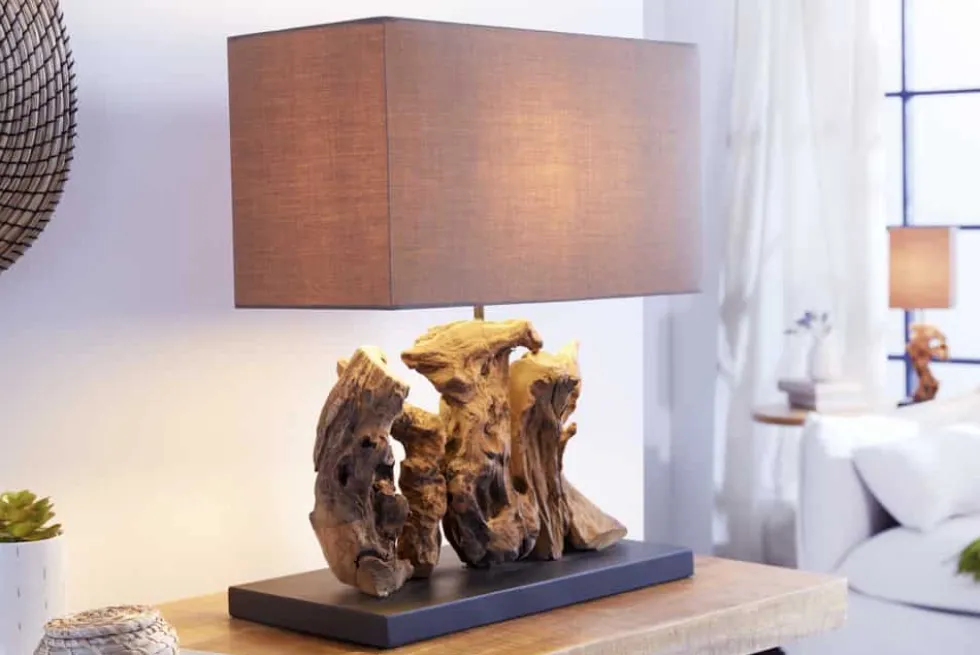 Handgefertigte Tischlampe ARAGON 50cm braun Treibholz-Fuß mit Leinenschirm