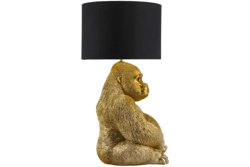 Handgefertigte Tischlampe KING APE 55cm gold schwarzer Stoffschirm Gorilla-Skulptur