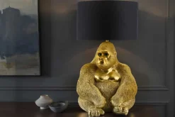 Handgefertigte Tischlampe KING APE 55cm gold schwarzer Stoffschirm Gorilla-Skulptur