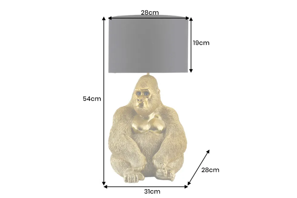 Handgefertigte Tischlampe KING APE 55cm gold schwarzer Stoffschirm Gorilla-Skulptur