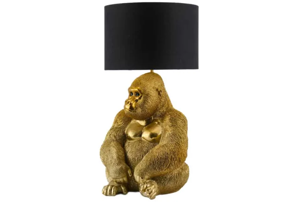 Handgefertigte Tischlampe KING APE 55cm gold schwarzer Stoffschirm Gorilla-Skulptur