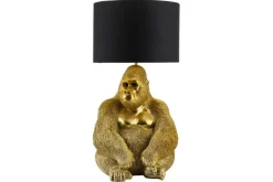 Handgefertigte Tischlampe KING APE 55cm gold schwarzer Stoffschirm Gorilla-Skulptur