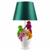 Handgefertigte Tischlampe MONKEY 60cm weiß bunt grüner Stoffschirm Affen-Skulpturen