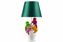 Handgefertigte Tischlampe MONKEY 60cm weiß bunt grüner Stoffschirm Affen-Skulpturen