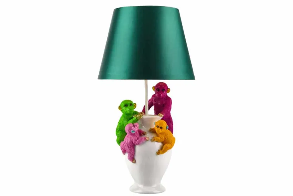 Handgefertigte Tischlampe MONKEY 60cm weiß bunt grüner Stoffschirm Affen-Skulpturen