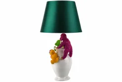 Handgefertigte Tischlampe MONKEY 60cm weiß bunt grüner Stoffschirm Affen-Skulpturen