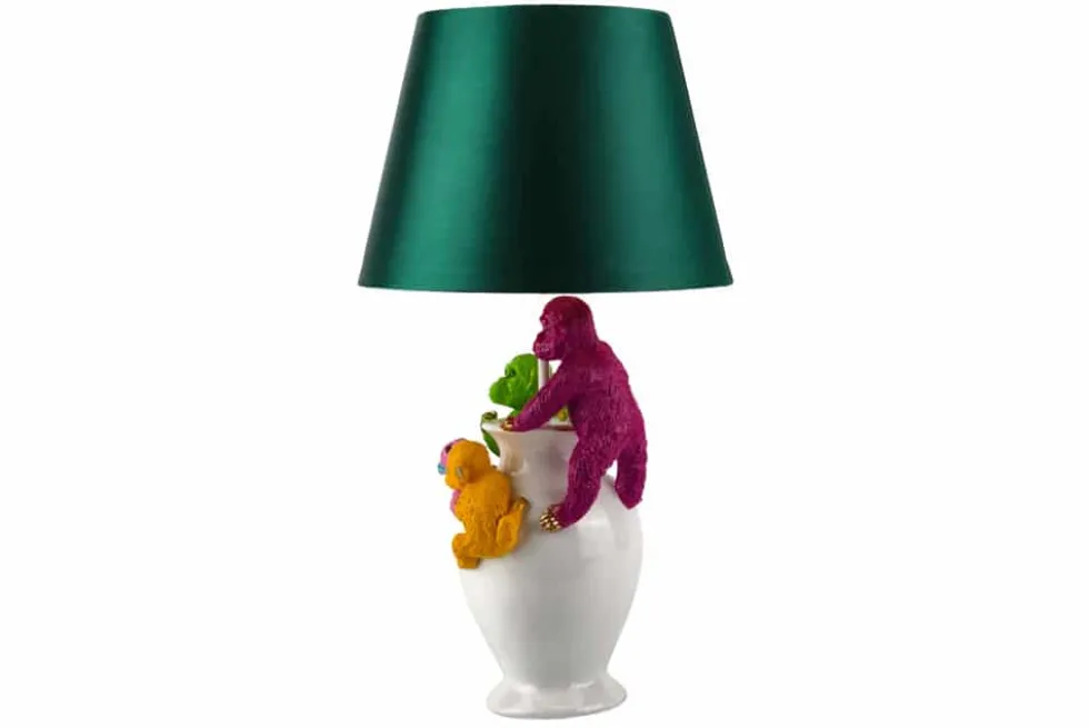 Handgefertigte Tischlampe MONKEY 60cm weiß bunt grüner Stoffschirm Affen-Skulpturen