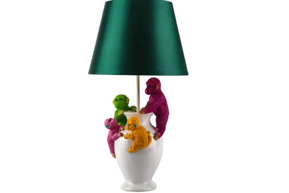Handgefertigte Tischlampe MONKEY 60cm weiß bunt grüner Stoffschirm Affen-Skulpturen