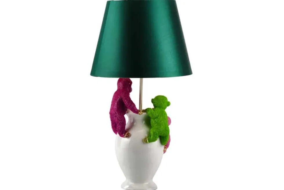 Handgefertigte Tischlampe MONKEY 60cm weiß bunt grüner Stoffschirm Affen-Skulpturen
