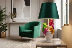 Handgefertigte Tischlampe MONKEY 60cm weiß bunt grüner Stoffschirm Affen-Skulpturen