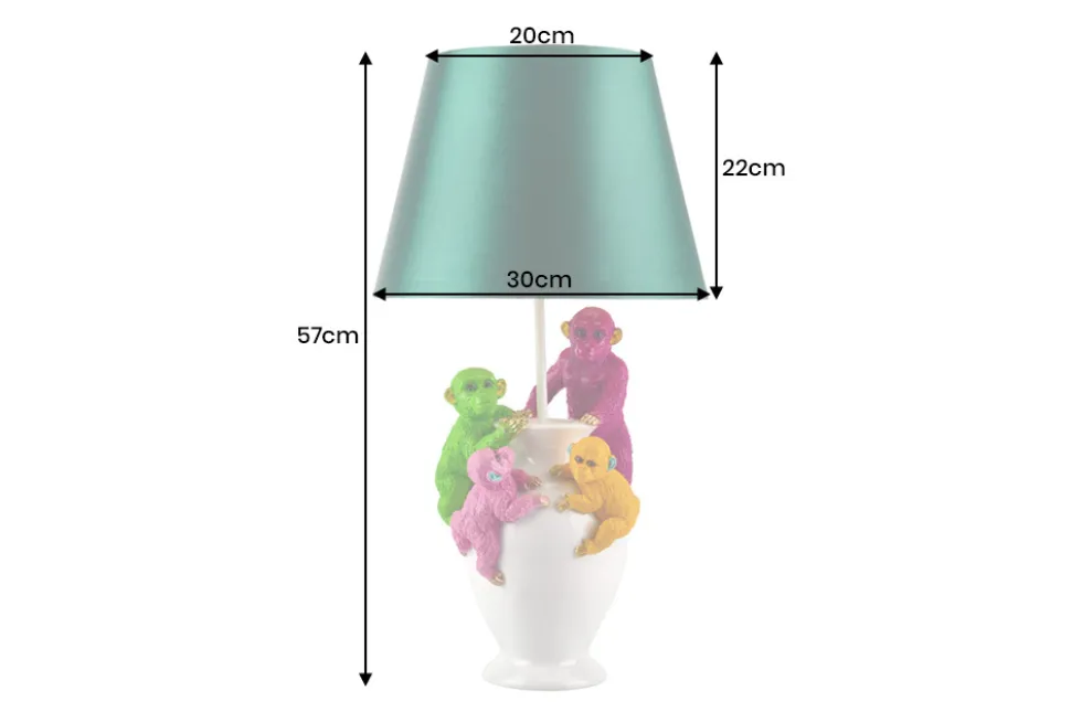 Handgefertigte Tischlampe MONKEY 60cm weiß bunt grüner Stoffschirm Affen-Skulpturen