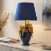 Handgefertigte Tischlampe PARROT 55cm blau gold Papagei-Skulptur Stoffschirm