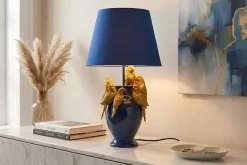 Handgefertigte Tischlampe PARROT 55cm blau gold Papagei-Skulptur Stoffschirm