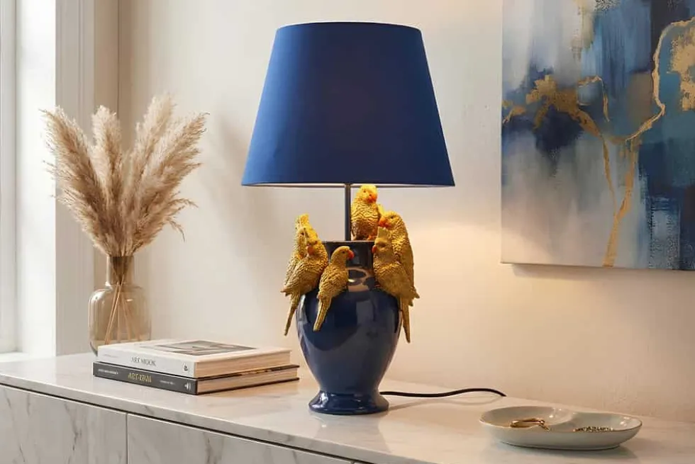 Handgefertigte Tischlampe PARROT 55cm blau gold Papagei-Skulptur Stoffschirm