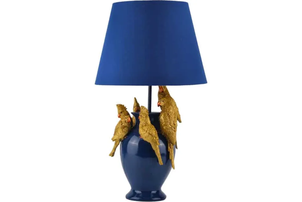 Handgefertigte Tischlampe PARROT 55cm blau gold Papagei-Skulptur Stoffschirm