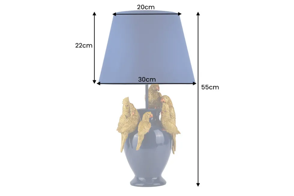 Handgefertigte Tischlampe PARROT 55cm blau gold Papagei-Skulptur Stoffschirm