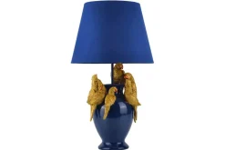 Handgefertigte Tischlampe PARROT 55cm blau gold Papagei-Skulptur Stoffschirm