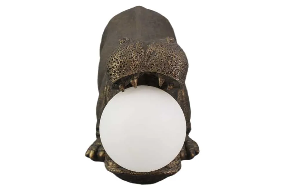 Handgefertigte Tischlampe HIPPO 45cm schwarz Nilpferd-Skulptur mit Lampenkugel