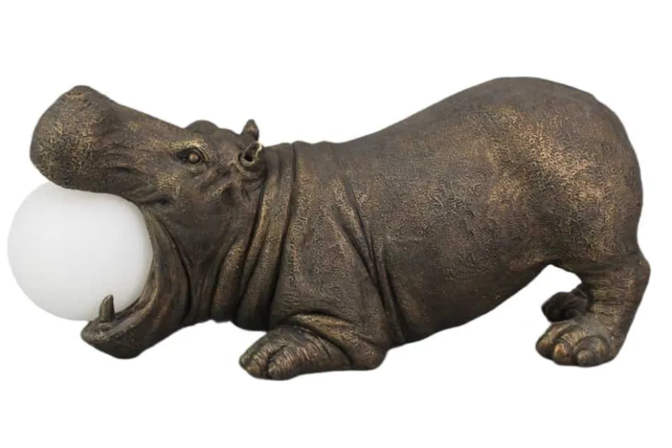 Handgefertigte Tischlampe HIPPO 45cm schwarz Nilpferd-Skulptur mit Lampenkugel