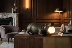 Handgefertigte Tischlampe HIPPO 45cm schwarz Nilpferd-Skulptur mit Lampenkugel