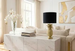 Handgefertigte Tischlampe PINEAPPLE 50cm gold schwarz Ananas-Design mit Stoffschirm
