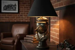 Handgefertigte Tischlampe BULLDOG 55cm bronze schwarz Stoffschirm Hunde-Skulptur